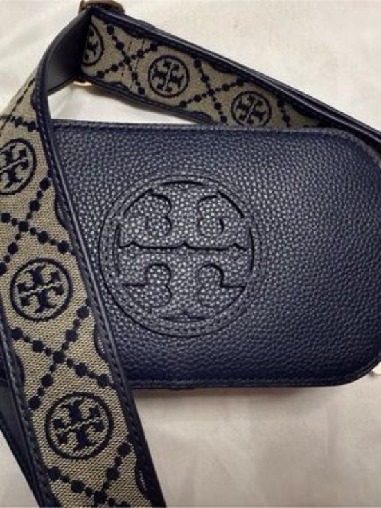 Tory Burch Handbags - Tory Burch Black Pebbled Leather Crossbody with Logo Jacquard Strap